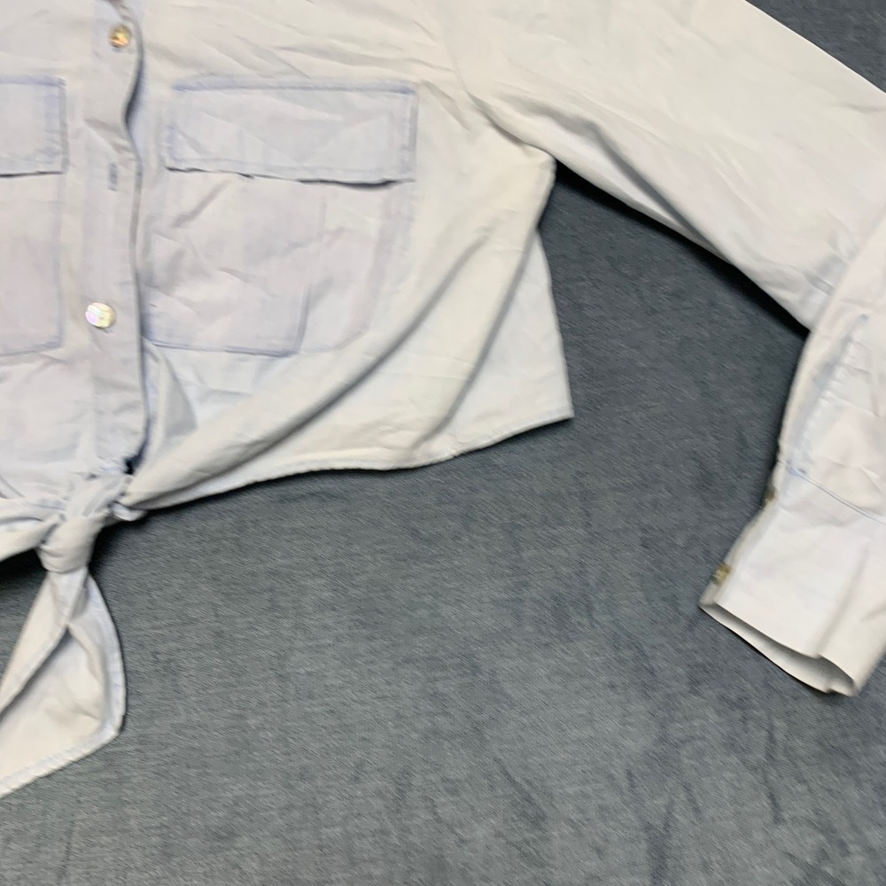 Zara Cropped Shirt Womens Small Light Blue Tie Front Utility Pockets Minimalist - Picture 6 of 16